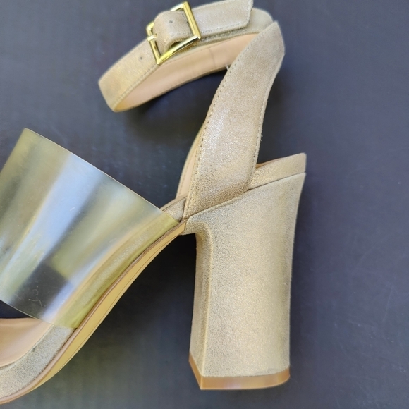 KARL LAGERFELD PARIS Raya Taupe/Beige Velvet Block Heels Ankle Strap Sandal 6.5 - Picture 7 of 11